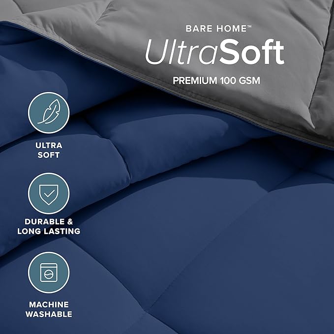 Bare Home Comforter - Twin/Twin Extra Long - Reversible Colors - Goose Down Alternative - Ultra-Soft - Premium 1800 Series - All Season Warmth - Bedding Comforter (Twin/Twin XL, Dark Blue/Grey)