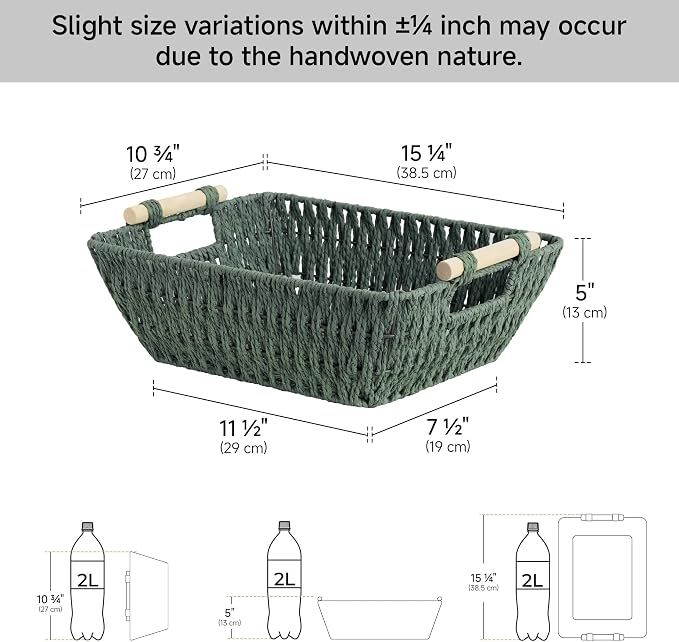 StorageWorks Large Wicker Storage Basket for Organizing with Wooden Handles, Toilet Paper Baskets for Bathroom, Bosana Green, 2-Pack