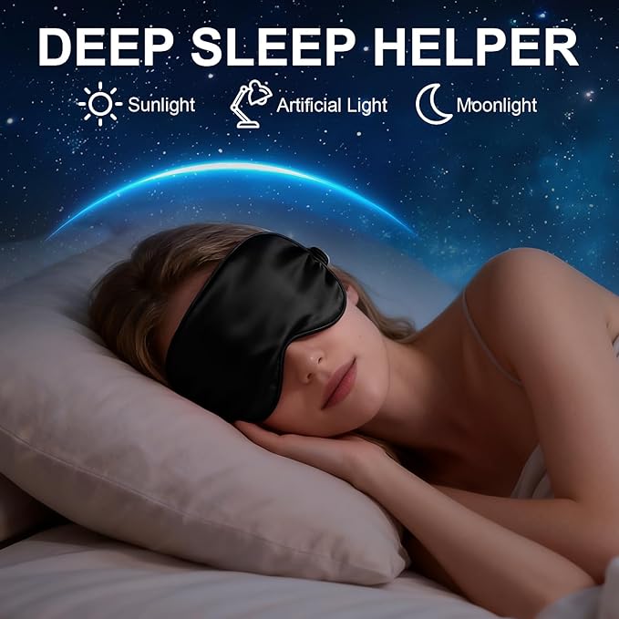 100% Natural Mulberry Silk Sleep Eye Mask with Adjustable Elastic Band for Women & Men Soft Light Blocking Cover Eyeshade Blindfold (Black)