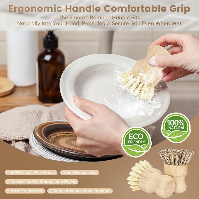 2-Pack Natural Bamboo Dish Brush Set – Eco-Friendly Scrub Brushes with Sisal & Palm Bristles for Non-Stick Cookware, Pots, Vegetables, and Kitchen Cleaning