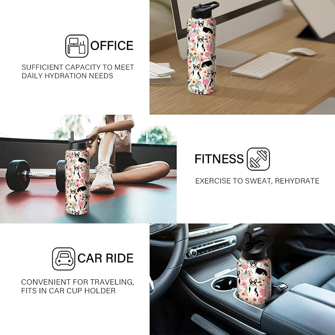 40oz Corgi Water Bottle with Handle and Flip Straw, Dog Animal Sports Stainless Steel Insulated Cup Travel Coffee Mug Tumbler, Birthday Mothers Day Chritmas Gifts for Women