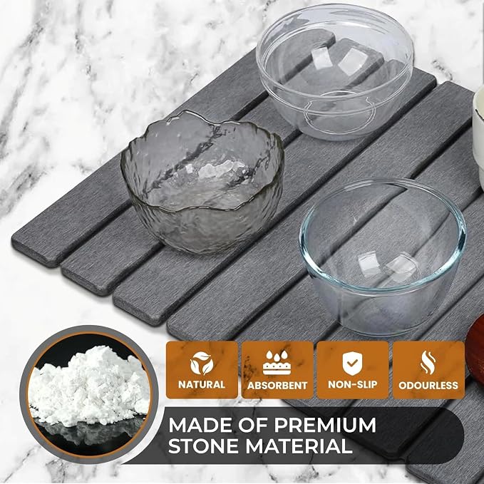 Diatomaceous Earth Dish Drying Mat 24x16 Inch – Fast Absorbing Stone Drying Mat for Kitchen Counter, Non-Slip Dish Mat for Dishes, Cups & Utensils, Large Kitchen Mat, Dark Gray