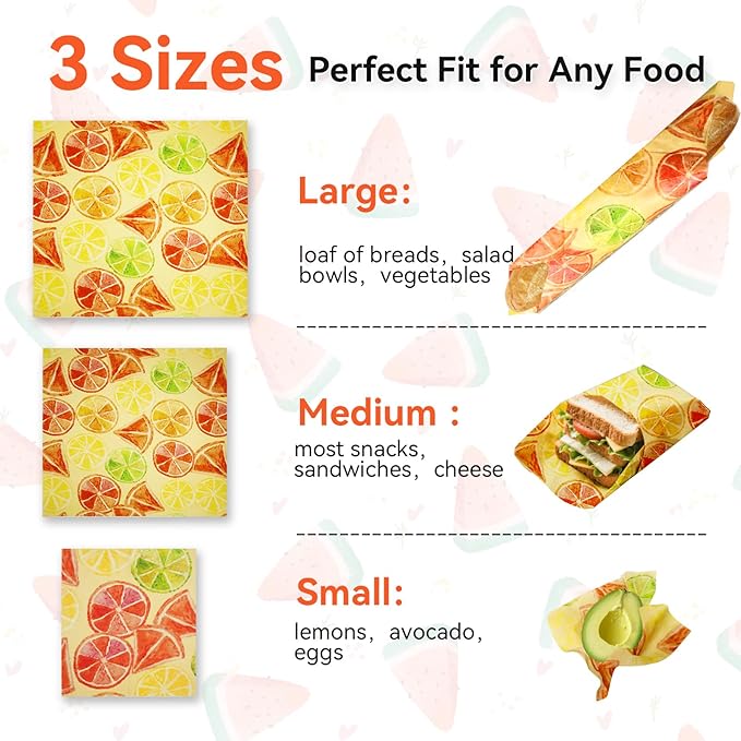 3-Pack Reusable Beeswax Food Wraps with Elastic Bands, Sustainable Bowl Covers for Bread Proofing & Food Storage, Eco-Friendly Sandwich & Cheese Wraps, Assorted Sizes (S, M, L)