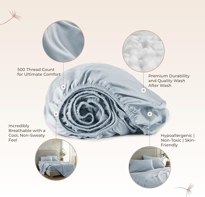 Organic Full Fitted Sheet Only Deep Pocket - 100% Organic Cotton Sheets with Soft Breathable 500 Thread Count Sateen Weave GOTS & Fairtrade Certified - Fitted Bed Sheets Only (Powder, Full)