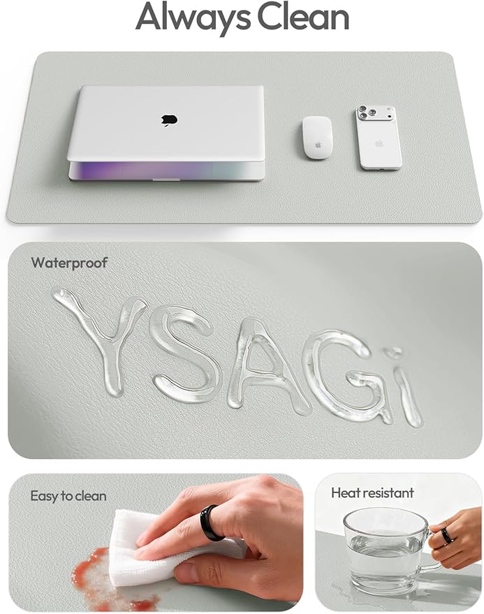 YSAGi Leather Desk Protector, Office Mat, Large Mouse Mat, Non-Slip PU Leather Blotter, Laptop Desk Mat, Waterproof Writing Pad for Office and Home(Light Grey, 40" x 24")