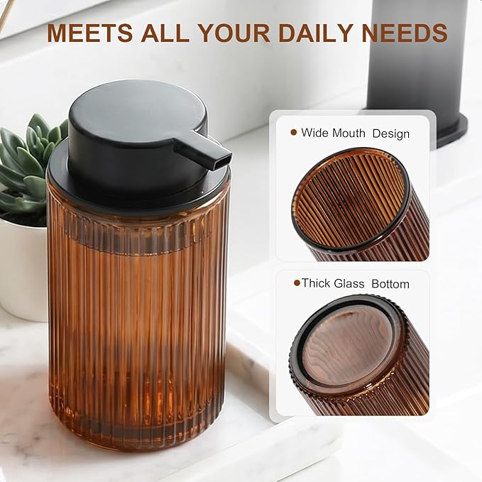 KASUNTING Foaming Soap Dispenser, Amber Glass Foam Hand Soap Dispenser for Bathroom, 11 Fl Oz Ribbed Refillable Foaming Pump Bottle with Black Pump, Modern Dish Soap Foam Dispenser