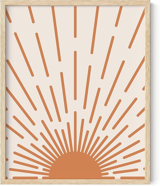 Minimalist Sunburst Wall Art Abstract Geometric Arch Earth Tones Terracotta Mid Century Modern 8x10 Inch Oak Wood Beige Framed Boho Sunrise Print for Bedroom Living Room Decor