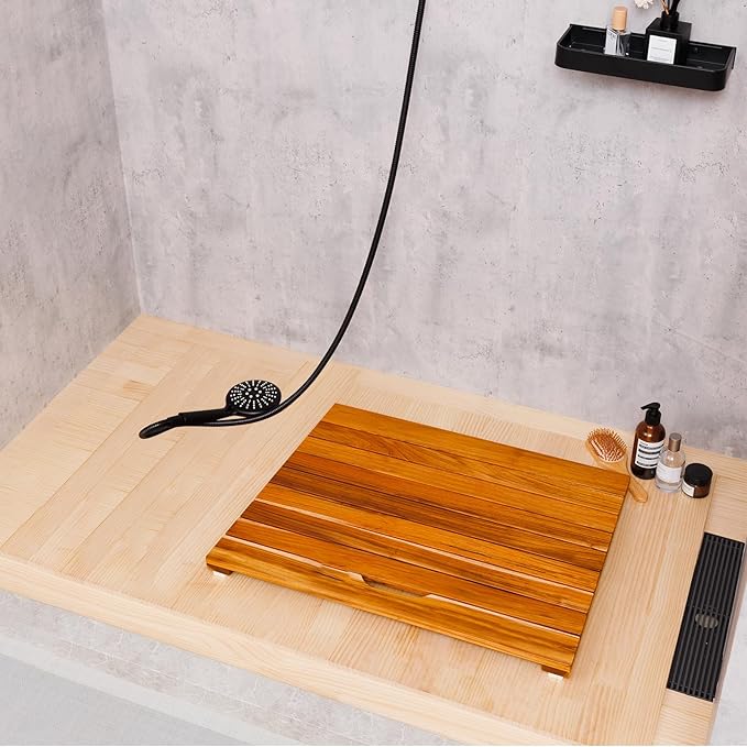 NNN 27" x 27" Teak Shower Mat – Handcrafted, Marine-Grade Reinforced, Supports Up to 400 lbs, Indonesian Teak.