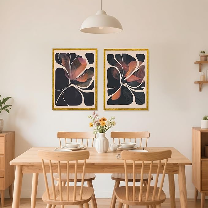 Abstract Floral Wall Art Prints Set of 2 Modern Mid Century Botanical Canvas Painting Posters Black Orange Flower Picture Wall Decor Aesthetic for Bedroom Home Decor 12x18inch Gold Framed