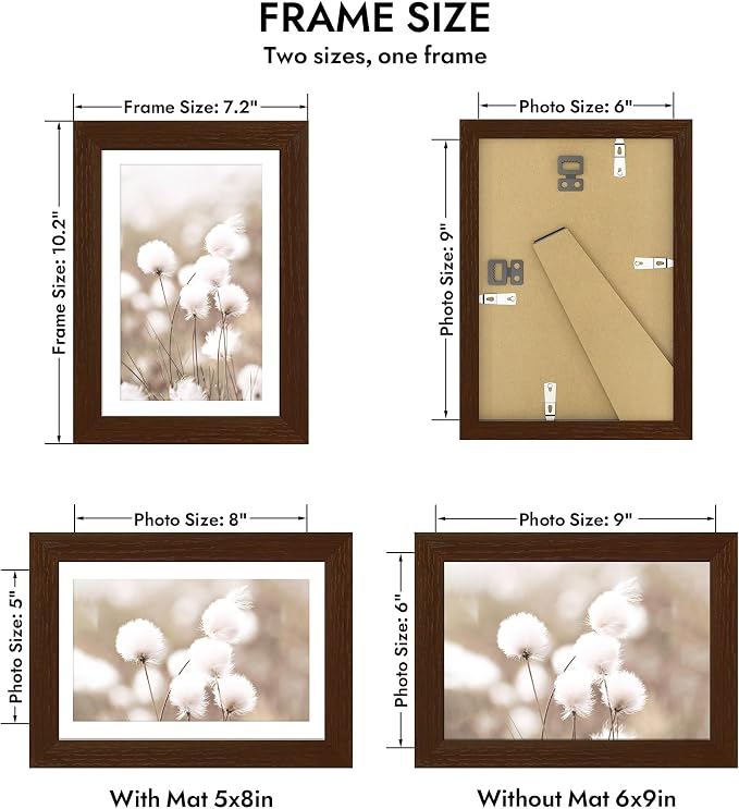 Hongkee 6x9 Oak Wood Picture Frame, Display Photos 5 x 8 with Mat or 6 x 9 without Mat - Tempered Glass Cover, Horizontal and Vertical Display for Wall or Tabletop (Walnut, Set of 1)