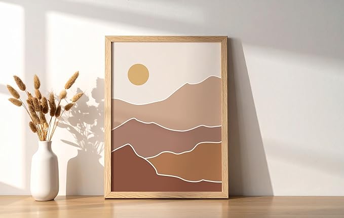 Abstract Mountain Landscape Wall Art Sun Rolling Hills Earth Tones Terracotta Mid Century Modern 8x10 Inch Oak Wood Beige Framed Minimalist Scenery Print for Nursery Decor