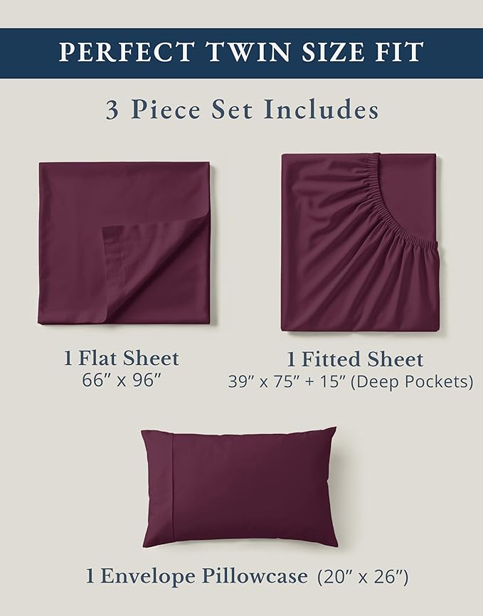 LANE LINEN Sustainably Produced 100% Organic Cotton Twin Bed Sheet Set, Soft & Breathable Naturally Cool Temperature Regulating Twin Sheet Set, Low Pilling Fade Resistant Bed Sheets- Windsor Wine