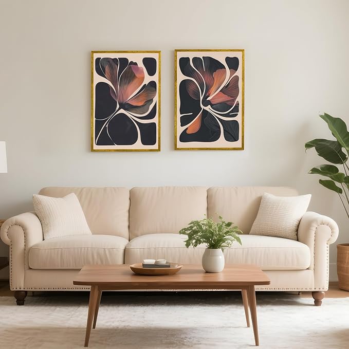 Abstract Floral Wall Art Prints Set of 2 Modern Mid Century Botanical Canvas Painting Posters Black Orange Flower Picture Wall Decor Aesthetic for Bedroom Home Decor 8x12inch Gold Framed