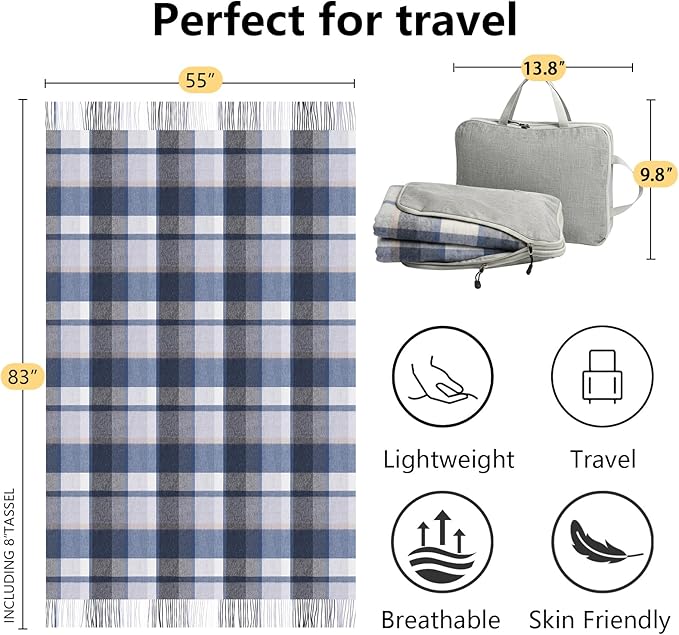 100% Wool Blanket Throw,Blue Plaid Wool Blanket with Compact Bag,Rustic Soft Lightweight Blanket for Couch,Sofa,Bed & Lounging Decoration, Warm Travel Blanket for Home, Airplane,Ideal Gifts 55"x83"