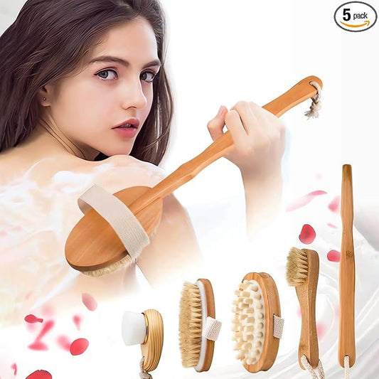 Zeutch Premium Dry Brushing Body Brush Set for Lymphatic Drainage and Cellulite Treatment, Boar Bristle Long Handle Face Cleansing Brush for A Glowing Skin, 5 Pack