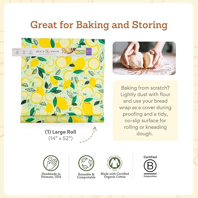Bee's Wrap - Limited Edition - Beeswax Wraps for Food - Cut to Size 14x52" Beeswax Wrap Roll - Plastic Free Made in USA Reusable Natural Food Wrap - Fresh Squeeze Print