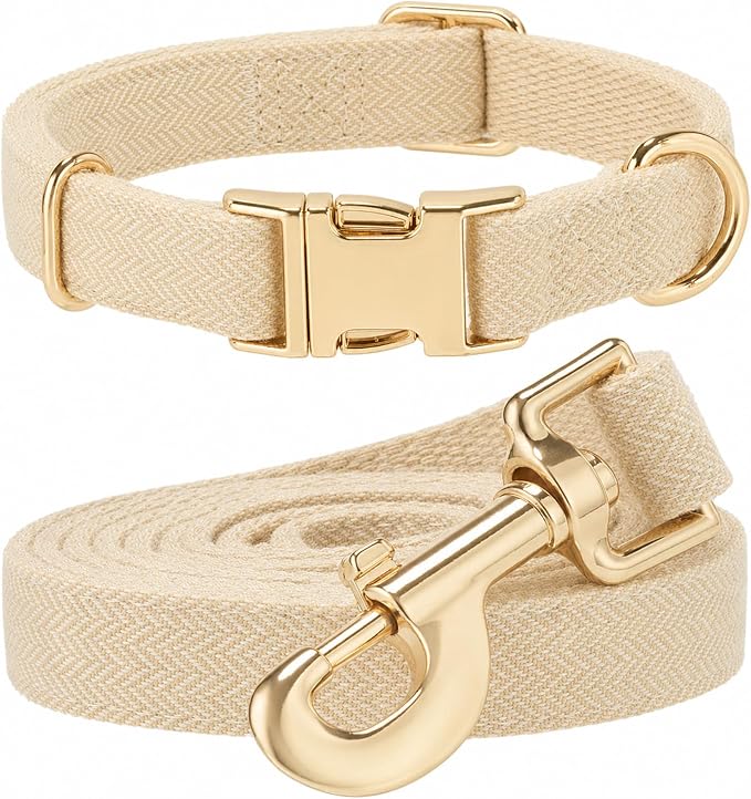 Herringbone Tweed Dog Collar and Leash Set for Large Dogs, Light Beige | Snag-free, no-rub design. Soft breathable cotton, gentle on fur. Adjustable durable matching combo for walks & outdoors.