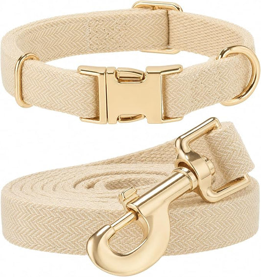 Herringbone Tweed Dog Collar and Leash Set for Large Dogs, Light Beige | Snag-free, no-rub design. Soft breathable cotton, gentle on fur. Adjustable durable matching combo for walks & outdoors.