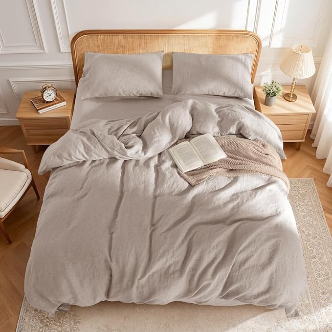 LBRO2M 100% France Linen Duvet Cover Set 3 Pcs Including 1 Flax Comforter Cover with Zipper Closure, 2 Pillowcase, Cozy Duvet Cover California King Size Linen Color