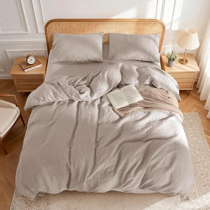 LBRO2M 100% France Linen Duvet Cover Set 3 Pcs Flax Comforter Cover with Zipper Closure 2 Pillowcase 1 Breathable Duvet Cover Full Size, Linen Color