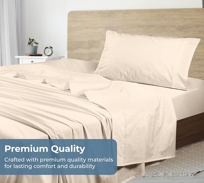 ROYALE LINENS 100% Organic Cotton Twin XL Sheet Set - Percale Weave - 3 Pieces Set - 1 Flat, 1 Deep Pocket Fitted Sheet and 1 Pillowcases - Cream Bed Sheets - Sábanas Twin XL - Crisp Cool (Cream)