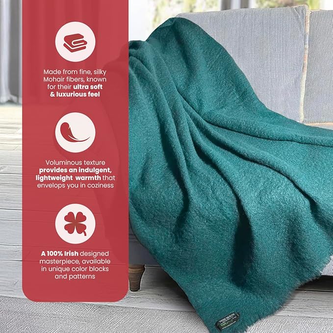 Biddy Murphy Ultra Soft Irish Mohair & Wool Throw Blanket, Made in Ireland, 54"x72", Solid Green