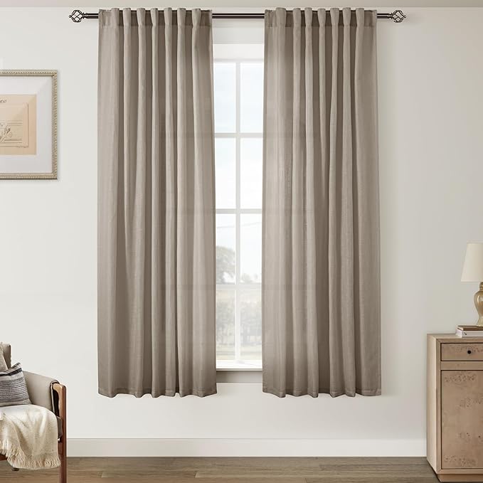 Taupe Linen Curtains 63 inches Long for Living Room Back Tab Rustic Farmhouse Semi Sheer Light Filtering Window Curtain Dining Room Soft Thick Flax Linen Textured Drapes Burlywood Birch Dark Brown