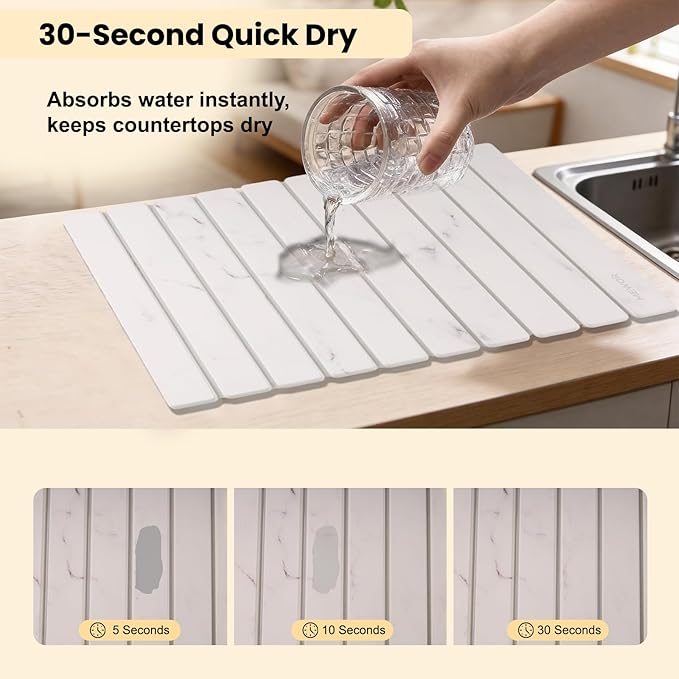 Stone Drying Mat for Kitchen Counter, 24"(L)×16"(W), Collapsible Quick Dry Stone Dishes Mats, Absorbent Diatomaceous Earth Mats for Kitchen, Bathroom