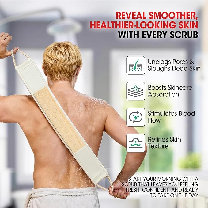 Loofah Back Scrubber with Handle, Natural Exfoliating Shower Sponge, Deep Clean Back Scrub for All Skin Types, Durable Bath Loofah for Daily Use