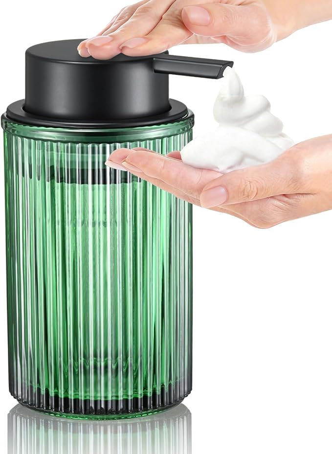 Green Glass Foaming Hand Soap Dispenser with Matte Black Pump Thick Striped Bottle Refillable for Bathroom and Kitchen Decor 12 fl oz