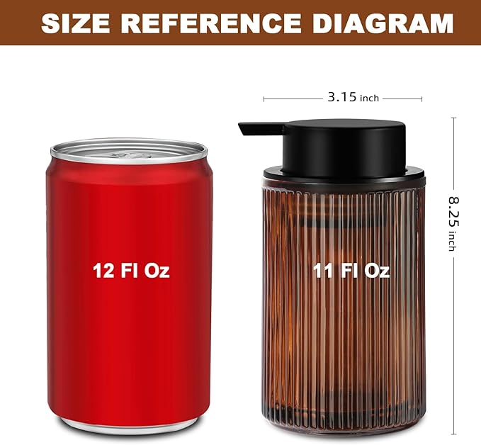 KASUNTING Foaming Soap Dispenser, Amber Glass Foam Hand Soap Dispenser for Bathroom, 11 Fl Oz Ribbed Refillable Foaming Pump Bottle with Black Pump, Modern Dish Soap Foam Dispenser