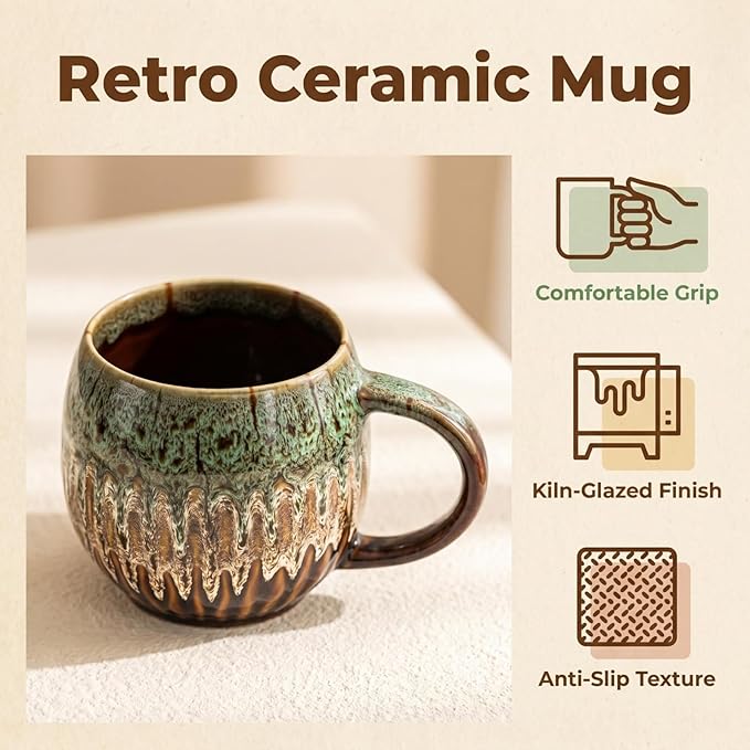 13oz Large Coffee Mug - Unique Handcrafted Look Ceramic Cup, Large Tea Mug, Microwave & Dishwasher Safe (green,Set of 4)