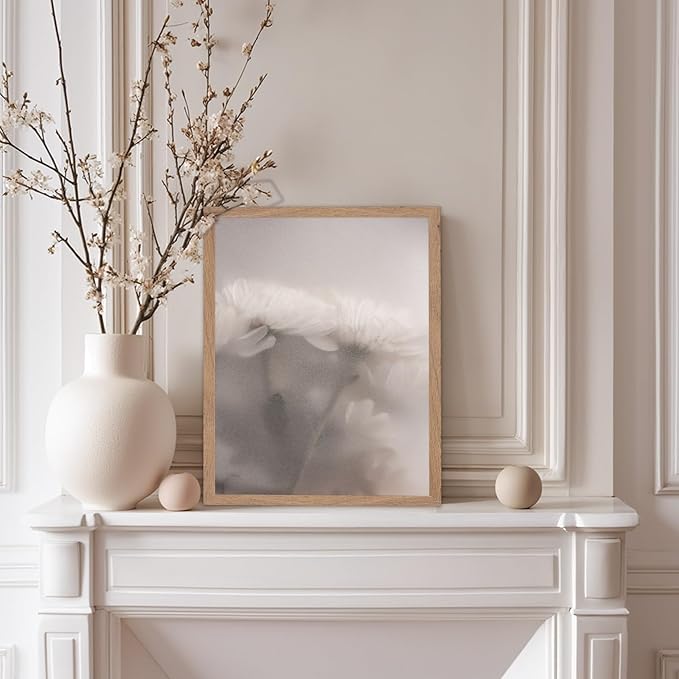Monem Art Ethereal White Flower Print - Minimalist Botanical Photography Poster - Wall Decor for Living Room, Bedroom or Office - 12x16 Beige Framed Wall Art by Mareike Bohmer
