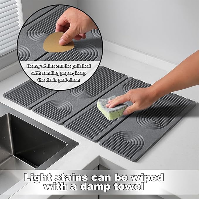 23.6"×15.7" Diatomaceous Earth Stone Dish Drying Mat, Foldable Super Absorbent Quick Dry Non-Slip Eco-Friendly Pad for Kitchen Counter, Dishes, Cups, Bottles & Utensils, Light Gray