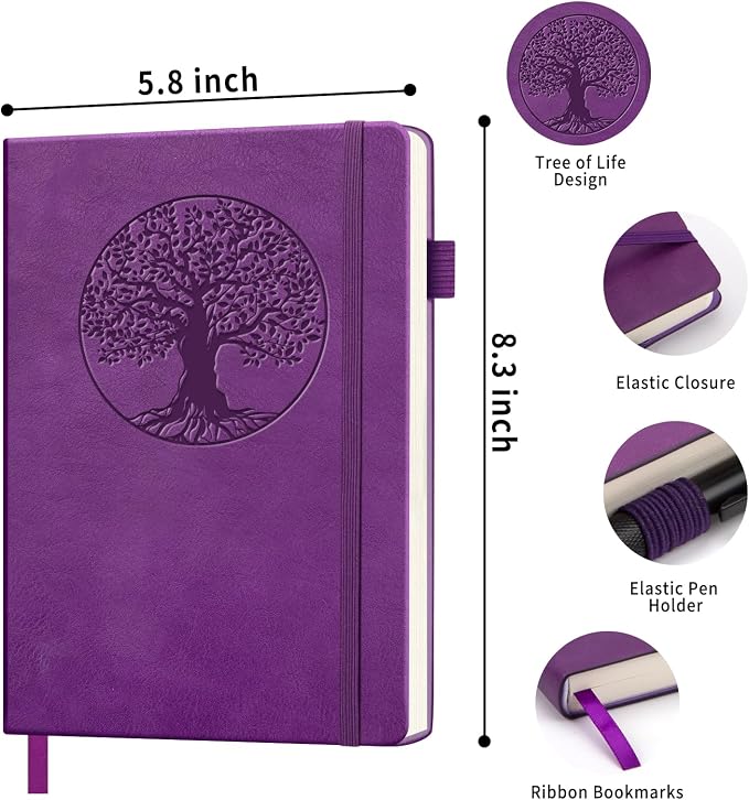 Lined Journal Notebook, A5 Leather Vintage Journals for Writing, 256 Pages College Ruled Notepad for Women Men, Vegan Leather Daily Notebook for Work, School, Travel, Note Taking(Tree of Life, Purple)