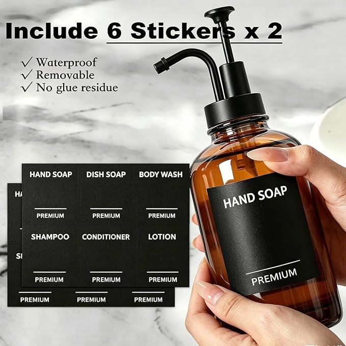 Amber 18 Oz Dish Soap Dispenser for Kitchen, Ultra-Thick Glass Soap Dispenser Set with Tray, Pump, Funnel for Bathroom, Liquid, Lotion, Shower, Laundry, (2 Pack with 12 Stickers)