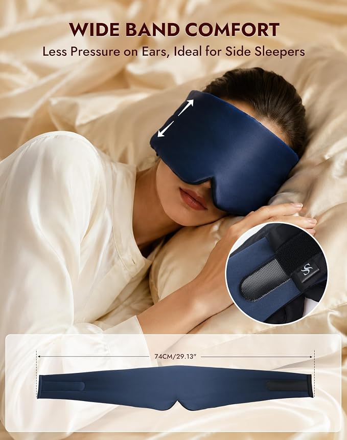 SilkSilky Silk Sleep Mask for Side Sleepers - 22 Momme 100% Mulberry Silk, Wide Face-Hugging 3D Eye Mask for Total Blackout, Zero Pressure & Adjustable Band for Women Men (Dark Blue)