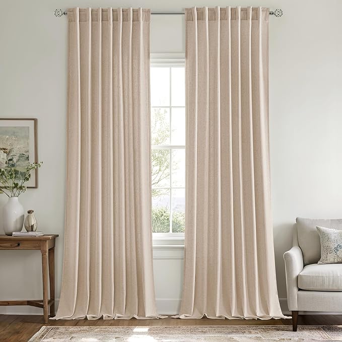 MIULEE Non-See-Through Privacy Linen Curtains 2 Panels, Light Filtering Window Curtains Farnhouse Textured Back Tab Semi Sheer Drapes for Bedroom Living Room, 52 x 108 Inches Long, Beige