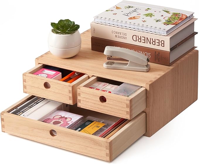 KIRIGEN Solid Wood Desktop Organizer with 3 Drawers - Multi-Layer Office Supplies Storage Rack for Documents, Stationery, Jewelry - Natural Wooden Desk Shelf Organizer Nature WJG23-NA