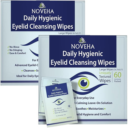 NOVEHA 120Pcs Daily Hygienic Eyelid & Lash Wipes | 120 Individually Wrapped Cleansing Eyelash Wipes - For Blepharitis & Itchy Eyes, Demodex and Natural Makeup Remover & Daily Cleanser (2 Pack)