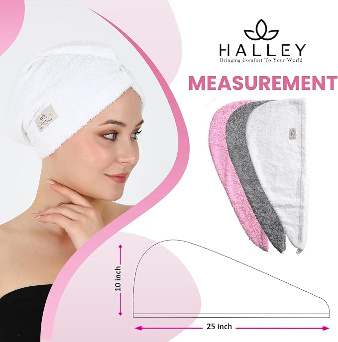 HALLEY Cotton Hair Towel Wrap (3 Packs) Super Absorbent Fast Drying Hair Towel for Thick Hair Turbans for Wet Hair with Button (White, Grey, Pink)