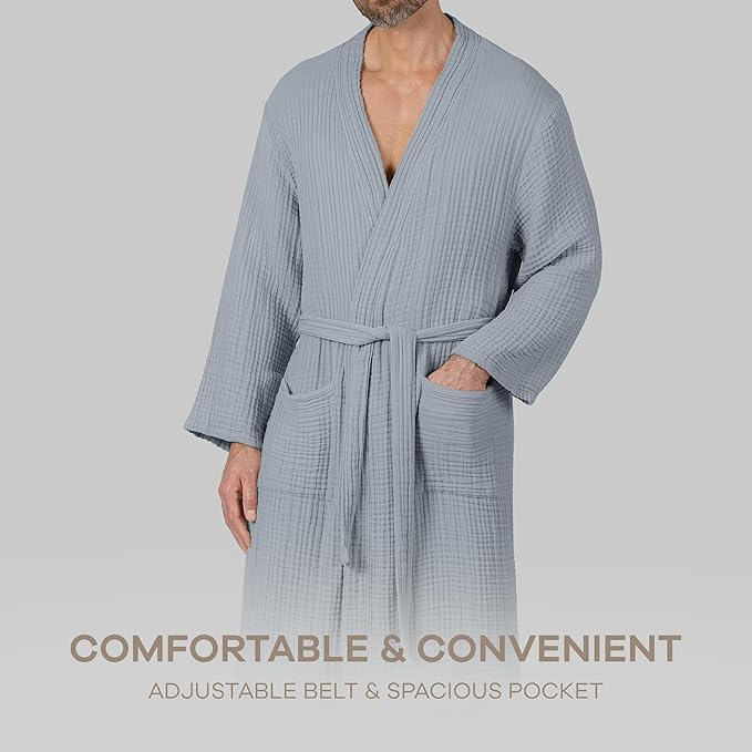 Comfy Cubs 100% Cotton Muslin Bathrobe - 4-Layer Absorbent Robe with Pockets & Belt for Bath, Spa, or Lounging