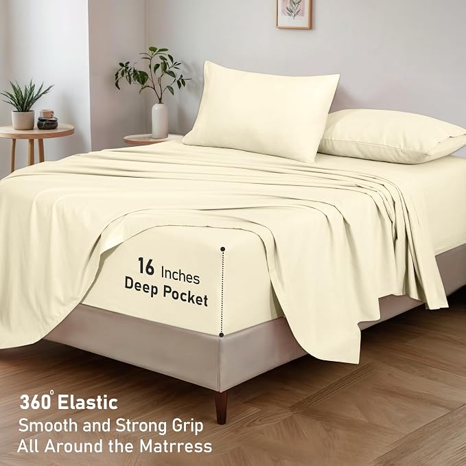 RUVANTI Flannel Sheets Queen Size - GOTS Certified 100% Organic Cotton, 4 Piece Warm, Soft & Breathable Set, Deep Pocket Snug Fit, Double Brushed Cozy All Season Bedding, Winter White