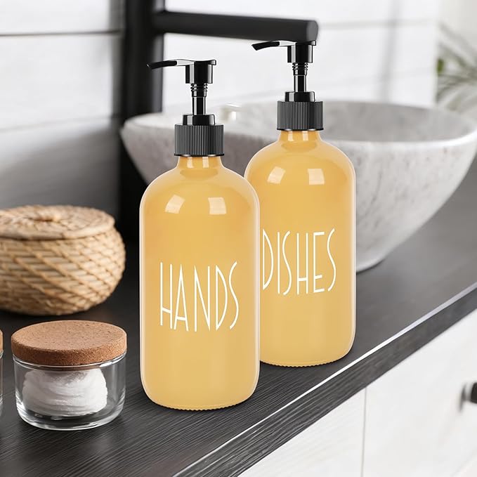 Glass Soap Dispenser with Plastic Pump for Kitchen - 16 OZ Glass Hand Soap Dispenser Set - Kitchen Bathroom Decor and Accessories (Yellow)