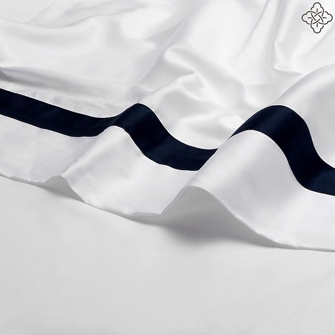 BIOWEAVES 100% Organic Cotton Banded Sheets Soft & Silky Sateen Weaves 4-Piece GOTS Certified Bed Sheet Set Fits Mattress Upto 17" Deep Pocket (King, White & Navy Blue)
