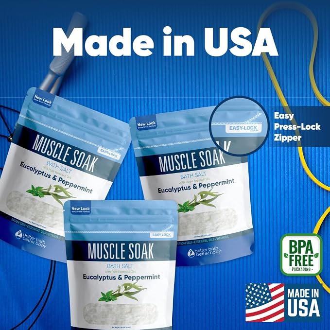 Muscle Bath Salt (3-Pack with Scoop) Muscle Bath Soaks with Pure Essential Oils in BPA Free Pouch with Press-Lock Seal Made in USA, Three 2-lbs Pouches 6-Lbs Total