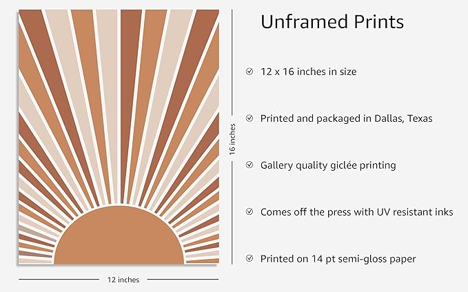 Y2K BOO Boho Rising Sun UNFRAMED Wall Art Sunburst Rays Earth Tones Terracotta Mid Century Modern 12x16 Inch Heavyweight Paper Minimalist Aesthetic Decor