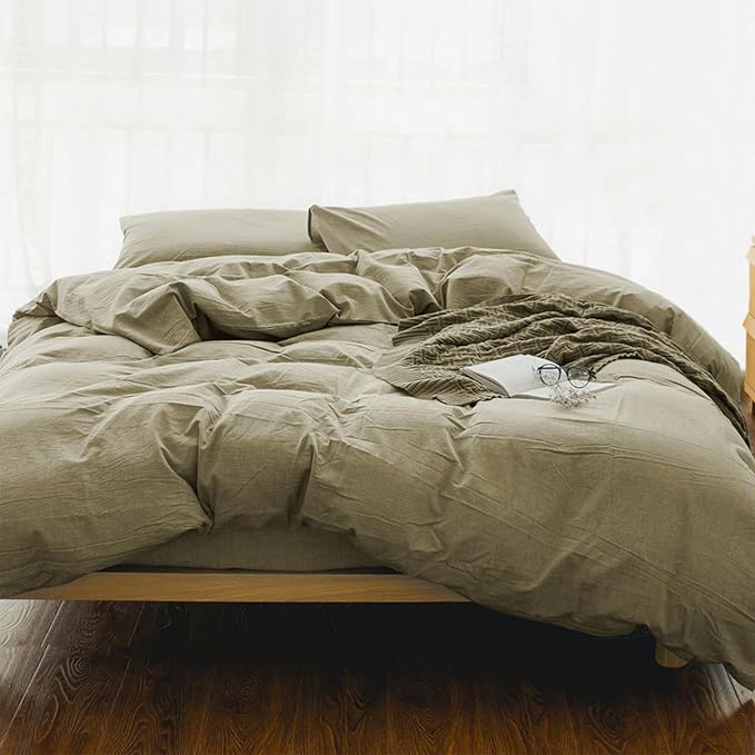 EMME Khaki Cotton Duvet Cover Twin, 2-Piece Set Soft Cotton Comforter Cover Bedding Collection Comforter Cover with Pillow Sham Solid Color Zipper Closure & Corner Ties (Khaki, Twin/Twin XL)
