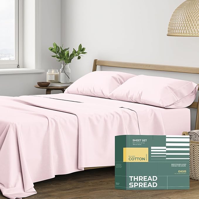 THREAD SPREAD 100% Organic Cotton Sheets California King Size - 4 PC Organic Cotton Cal King Size Percale Weave Sheet Set, Soft, Cooling & Crisp, 16" Deep Pocket Hotel Quality Bedding Set - Blush