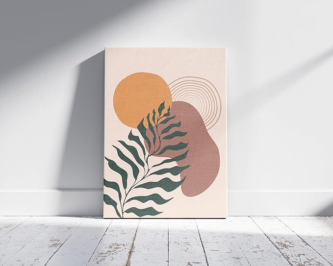 Boho Monstera Leaf Wrapped Canvas Wall Art Abstract Sun Earth Tones Terracotta 16x20 Inch Gallery Stretched Mid Century Modern Home Art Decor